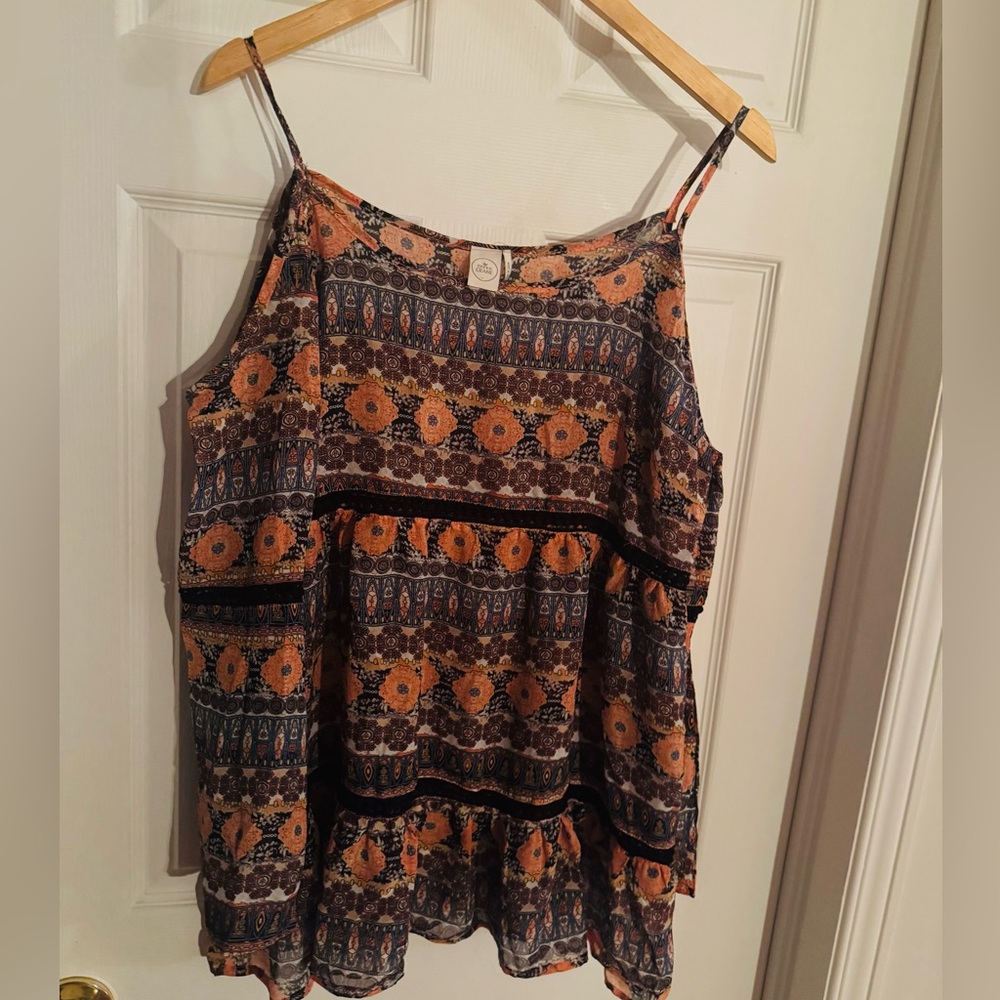 Boho Paper Crane Cold Shoulder sheer Blouse, size XL Summer Vibe